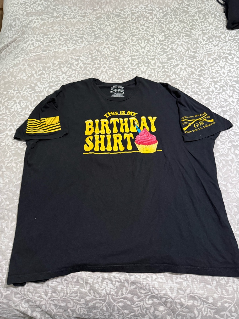 Grunt Style Black Birthday Shirt with Yellow Text and Pink Cupcake